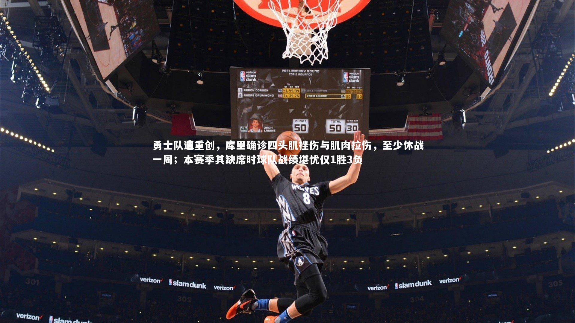 勇士队遭重创，库里确诊四头肌挫伤与肌肉拉伤，至少休战一周；本赛季其缺席时球队战绩堪忧仅1胜3负